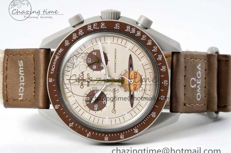 0418 Speedmaster Misson To Saturn 1:1 Best Edition Beige Dial On Nylon Strap Quartz Casual 7861